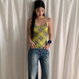 Y2k Vintage Tank Tops Plaid Sleeveless Streetwear 2000s Japanese Camis Tops Summer See Through Mesh Tops Backless