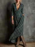 Pbong  Double-Sided Print Casual Long Sleeve Midi Plaid Dress Elegant Style Cotton-Like Fabric Iron-Free Processing Southeast Asia