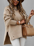 Chunky Knitted Mock Neck Sweater Side Slit Long Sleeve Pullover Female Knitwear Autumn Winter Women Casual Chic Outfit