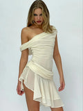 Mozision Chiffon Mesh Backless Sexy Mini Dress For Women Oblique Shoulder Sleeveless Ruffle Club Party Drape Dress Elegant 