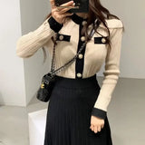 Pbong  Chic Korean round Neck Single Button Slim Fit Knit Sweater + High Waist Pleated Mini Skirt Women's Fashion Winter Outfit