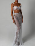 See Through Lace Two Piece Skirt Sets Women Crop Top And Maxi Skirt Sets Elegant Party Beach Sexy Two Piece Set