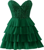 Pbong  Lace Tiered Chiffon Homecoming Dresses Strapless Corset Short Prom Dresses for Teens