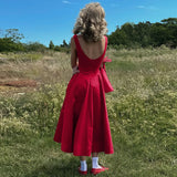 Pbong  Elegant Fashion Women Sexy Evening Party Night Club A-Line Backless Red Dress Long Summer Holiday Chic Casual Dress