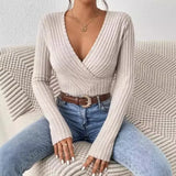 High End Euramerican Striped V Neck Long Sleeve Shirts Autumn Winter Harajuku Vintage Y2k Aesthetic Clothing Punk Solid Tops