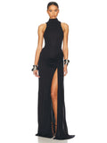 Summer Split Maxi Tank Dress Women Gown Fashion Solid Elegant High Waist Ruched Slim Evening Club Party Long Dress