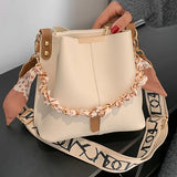 Pbong  Elegant Large Capacity Leather Bucket Bag with Chain Handle Scarf Detachable Wide Crossbody Bag Strap Fashion Shoulder Purse