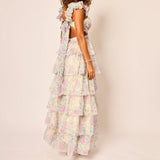 Pbong  Women Summer Floral Print Ruched Bust Sleeveless V-Neck Ruffle Layered Lace-up Backless Flowy A-Line Long Cake Dress