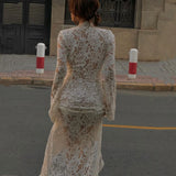 Pbong  Women French Lace Sheer Tie Dress Jacquard Long Sleeve High Slit Slim Summer Dress Elegant Sexy Party Evening Vestidos Gown