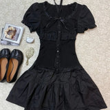 Y2k Harajuku Vintage Dark Gothic Slim 2 Piece Skirt Sets Bow Short Sleeve Blouse + Cake Mini Skirts 2000s Lolita Suits Summer