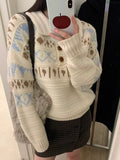 Woman Fair Isle Sweater Polo Collar Button Front Cozy Knit Pullvers Jumper Female Autumn Winter Preppy Vintage Outfit