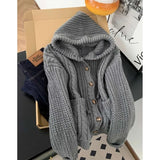 Vintage Y2K Gray Hooded Cardigan Women Lazy Wind American Harajuku Knitted Sweater Fall Winter Retro Long Sleeve Bf Casual Tops