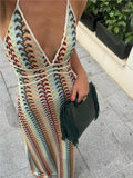 Women Colorful Printing Crochet Knit Long Dress Sexy Deep V-neck Backless Sleeveless Bodycon Robe 2025 Lady Vocation Dresses