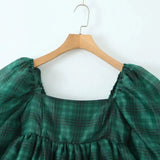 Pbong  Sweet Green Gingham Plaid Organza Ball Gown Dress Puff Sleeve Retro Women Swing Short Princess Robe Fairy Cake Vestidos