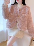 Pink Sweet Faux Lamb Coat Women Winter Warm Long Sleeve Chic Short Coat Korean Elegant Female O Neck Cute Thick Outwear New
