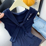 Pbong  2000s Harajuku Vintage Slim Sleeveless T Shirt Y2k Summer American Sailor Collar Sweet Tees Women Japan Style Fake 2 Piece Tops