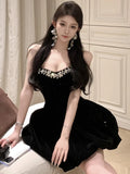 Black Velvet Womens Dresses Sexy Strapless Backless Wedding Party Mini Dress Slim Waist Prom A-Line Vestidos Female Clothes New