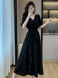 Women Black Puff Sleeve V-neck Casual Ruffled Long Dresses Summer Elegant Bodycon Female A-Line Mujers Clothes New