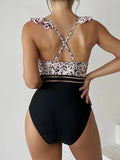 Leopard Ruffle  One Piece Swimsuit Women High Waist Mesh Tape Swimwear Female Beachwear V-neck Bathing Swimming Suit Summer