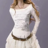 Y2k Aesthetic Tshirts Women Korean Cotton Slim Fit All Match Tees Grunge Print Lace Patch T Shirt 2024 Long Sleeve Crop Tops