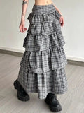 Vintage Plaid Skirt Women Preppy Style Sweet Ruffle Cake Long Skirt Harajuku Fashion Patchwork Layered Skirts Street