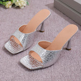 Pbong  Luxury Gold Silver High Heels Sandals Women Slip On Square Toe Summer Slippers Woman Plus Size 43 Thin Heeled Party Shoes