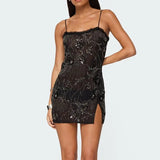 Pbong  Women Summer Flower Sequins Embroidery Ruffles Square Neck Sleeveless Bodycon High Split Short Cami Dress with Scarf