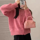 Pointelle Cardigan Women Long Sleeve Crew Neck Button Down Knit Sweater Jacket Autumn Winter French Chic Outfit