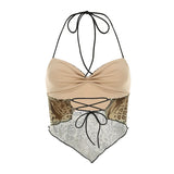 Fashion Trendy Leopard Short Women’s Tank Sleeves V-Neck Ruched Fabric Slim Fit Camisole Y2k Chic