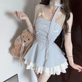 Pbong  Women Sweet Blue Plaid Dress Sexy Backless Spaghetti Strap Slip Dress Summer Preppy Style Pleated Layered Mini Party Vestidos
