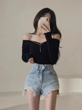 Pbong  Y2k Sexy Slash Neck Women Vintage Tshirts Temperament Chain Bodycon New Tops Long Sleeve Tunic All Match T-shirt