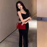 Pbong  French Velvet Strapless Long Dress Women Summer Sexy Tight Fish Tail Gown Slit Bodycon Dress Sleeveless Elegant Evening Gown