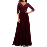 Pbong  New 6-Color 5-Size Lace Splicing Long Waist-Cinching Elegant Dress Floor-Length V-Neck Polyester Fiber Evening Gown Dress