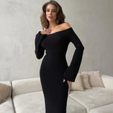 Knitted Slash Neck Long Sleeve Slim Long Dress For Women Autumn New Fashion Solid Flare Sleeve Casual Tight Female Dresses