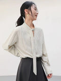 Elegant Lace Up Striped Blouse Women Fall Chic Hollow Out Long Sleeve Sweet Shirt Korean High Quality Loose Fashion New Top