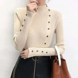 Ribbed Knit Top for Women Pullovers Button Decor Mock Neck Sweater Stretchy Long Sleeve Fitted Jumper Teen-girl Fall Winter