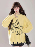 Kawaii Hole Sweet Sweaters Women Vintage Faux Mink Cashmere Cartoon Knitted Jumper Preppy Style Cute Japan Lazy Wind Tops