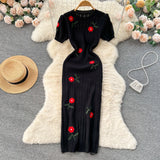 Pbong  Summer Knitted Elegant Embroidery Dress French Fashion White Black Short Sleeve Bodycon Dress Chic Lady Party Vestidos
