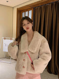 Winter Sweet Faux Lamb Coat Women Elegant Long Sleeve Slim Retro Jacket Warm Soft Female Korean Single Breasted Vintage Top