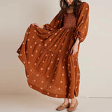 Pbong  Bohemian Floral Dress Women Square Neck Ruffle Swing A Line Maxi Dress Long Sleeve Beach Style Holiday Lady Club Party Dress