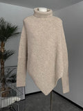 Asymmetric Knit Poncho Sweater for Women Soft Rib-knit Turtleneck Long Sleeve Pullovers Female Tops Autumn Winter Casual Outfit