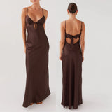 Pbong  Women's Elegant Solid Color Adjustable Thin Shoulder Straps Cutout Tie-Up Front Backless Summer Long Cami Silky Dress