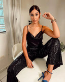 Women's Elegant Silk Sequins Pants, Midi Waist, Loose Long Pants, Classic Trousers, Female Clothing, Fashion, Streetwear,