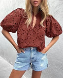 Pbong  Fashionable Casual Lace Embroidery Women's Shirt V-Neck Button Hollow out Lantern Sleeve Summer Top Cross-Border Clothing