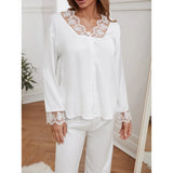 Pbong  New Spring Autumn Female Pajamas Set Sexy Lace Trim Sleepwear Long Sleeve Trouser Pijamas Suit Loose Casual Satin Home Wear
