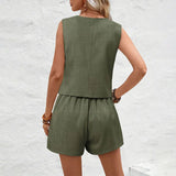 Summer Women Elegant Solid Waistcoat Shorts Set Sleeveless Vest Top+High Waist Slim Shorts Lady Office Casual 2 Pieces Set