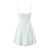 Pbong  Summer Women Fashion Fishbone Slim Floral Print Sling Dress Sexy Low Waist A-line Mini Holiday Party Dress Lace Up Robe