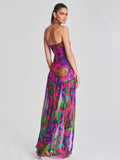 New Summer Print Strapless Mesh Patchwork Slit Long Dress Women Sexy Sleeveless Printed Split Colorful Vacation Maxi Dress Party