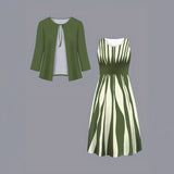 Pbong  Plus Size Plus Size Geometric Print Long Sleeve Dress And Jacket Set Two Piece Set Large Size Polyester Fiber Women's Fashion