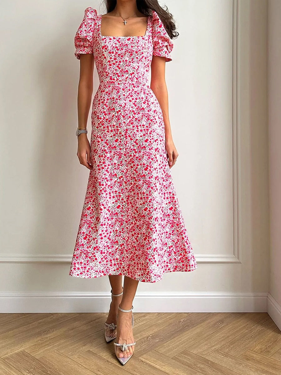 New Fashion Womens Summer Midi Dress Casual Short Puff Sleeve Floral Print A-Line Dress Elegant Flowy Dress Hot Sale S M L